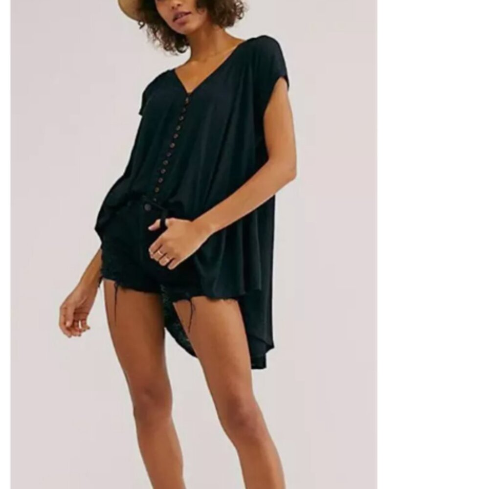 Free People Highland Oversized Tee Shirt Black Button Tunic Top